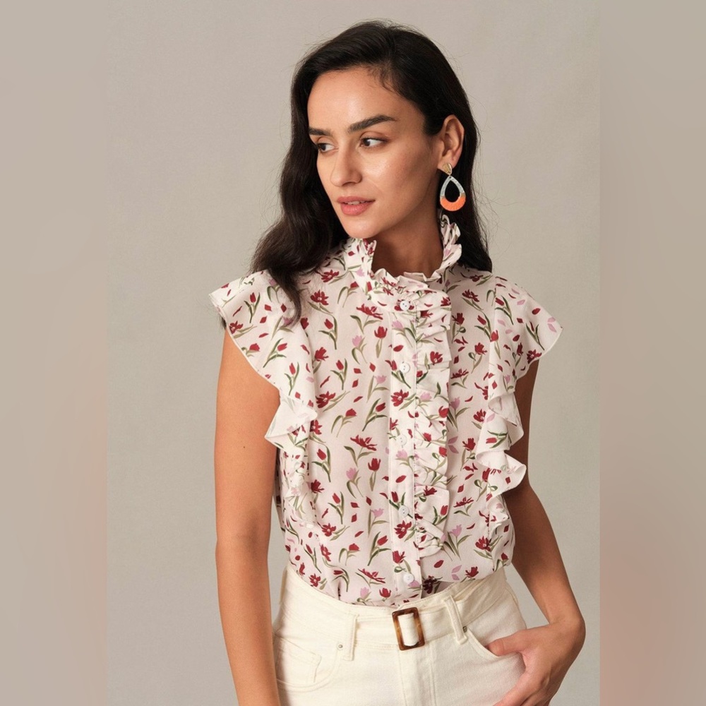 Ruffle Mock Neck Floral Blouse - Picture 2 of 8